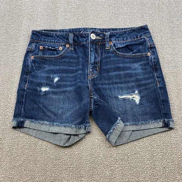 American Eagle Cuffed Jean Shorts Women's Size 2 Mid Rise Distressed Denim Blue - Picture 1 of 10